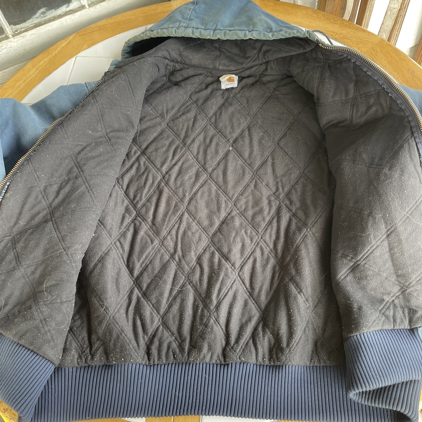 Vintage Carhartt Hooded Jacket – Men’s XL Blue Quilted Lined Canvas, USA Made, Distressed