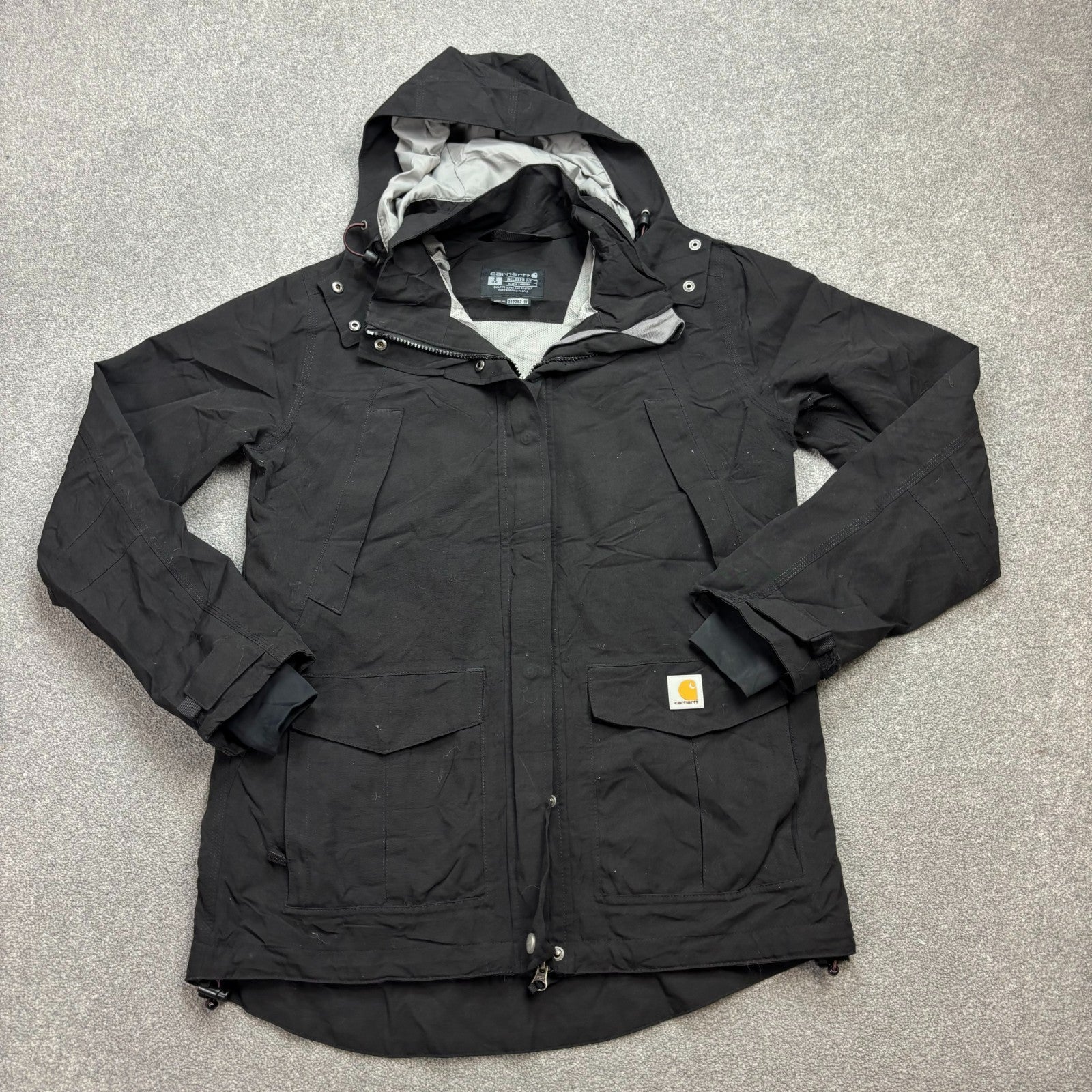 Carhartt Women’s Windbreaker Jacket – Black Lined Hooded Rain Coat, Small