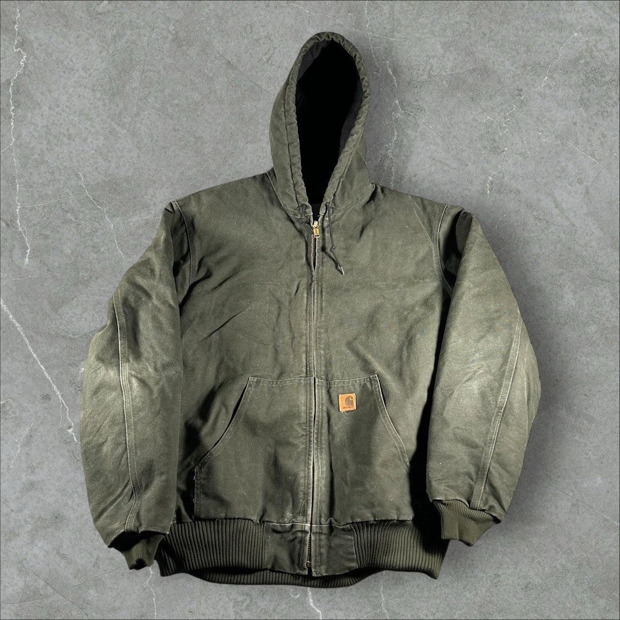 Vintage Carhartt J130 MOS Hooded Jacket – Men’s XL Tall Faded Green Canvas Workwear