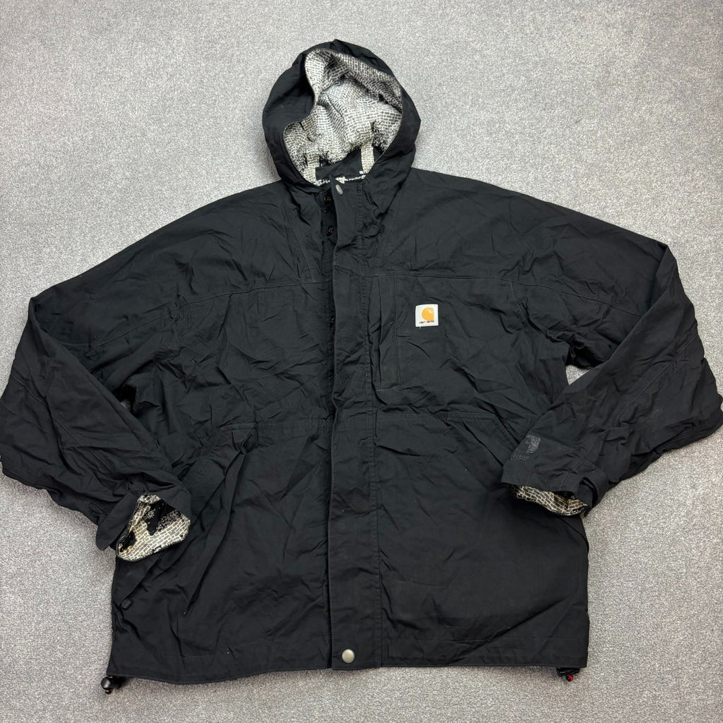 Carhartt Men’s Storm Defender Hooded Rain Jacket – Black | Lined Work Coat (Size L)