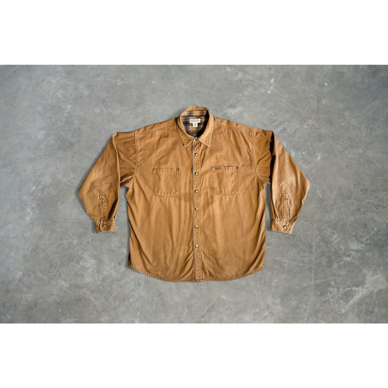 Carhartt Flannel-Lined Canvas Shirt Jacket – Men’s 2XL Distressed Workwear