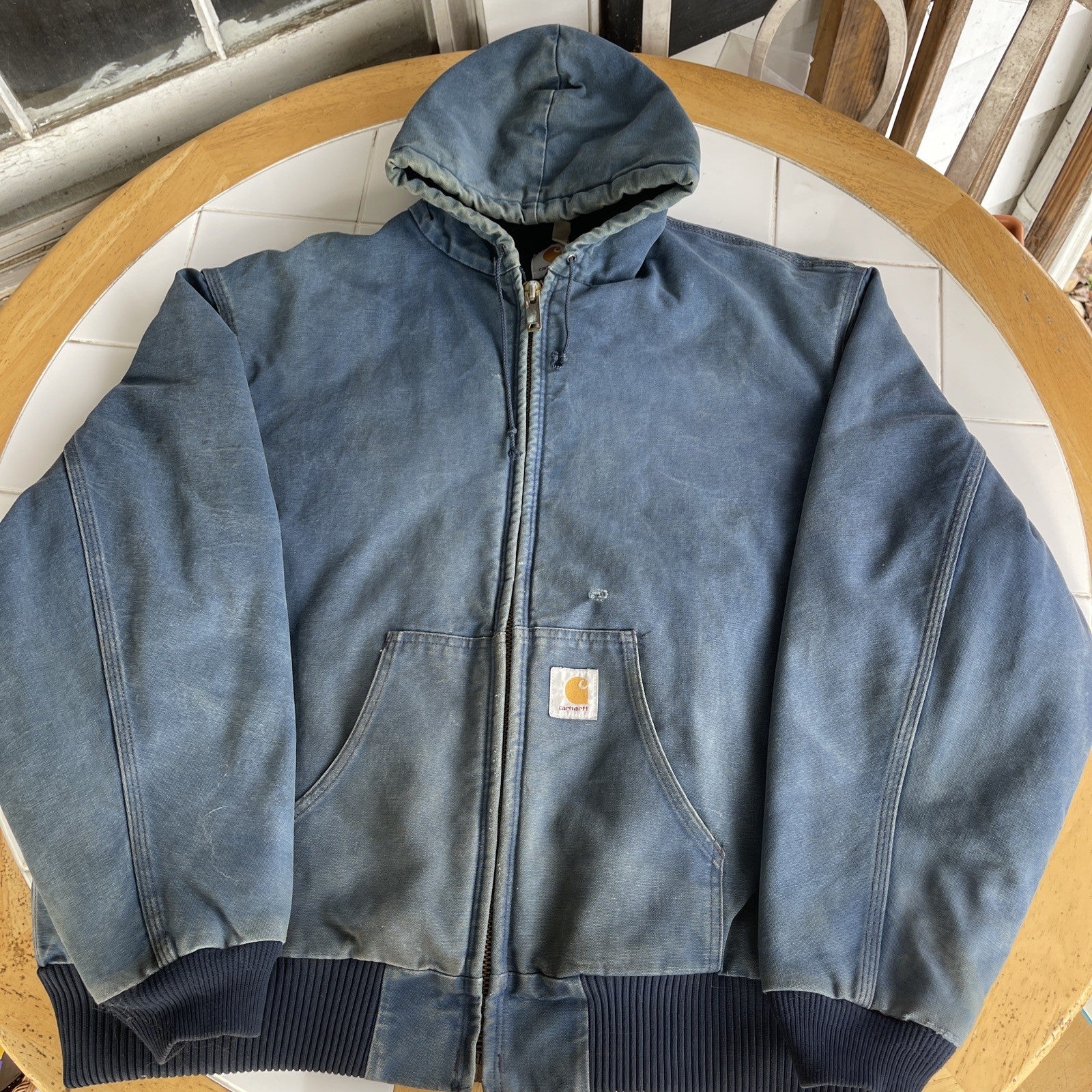Vintage Carhartt Hooded Jacket – Men’s XL Blue Quilted Lined Canvas, USA Made, Distressed