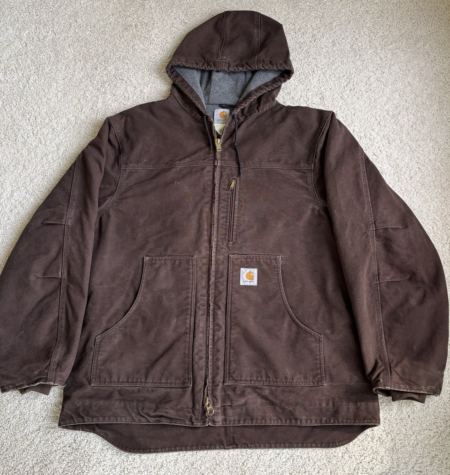 Vintage Carhartt C68 Hooded Jacket – Men’s XL Regular – Brown Duck Canvas Fleece Lined