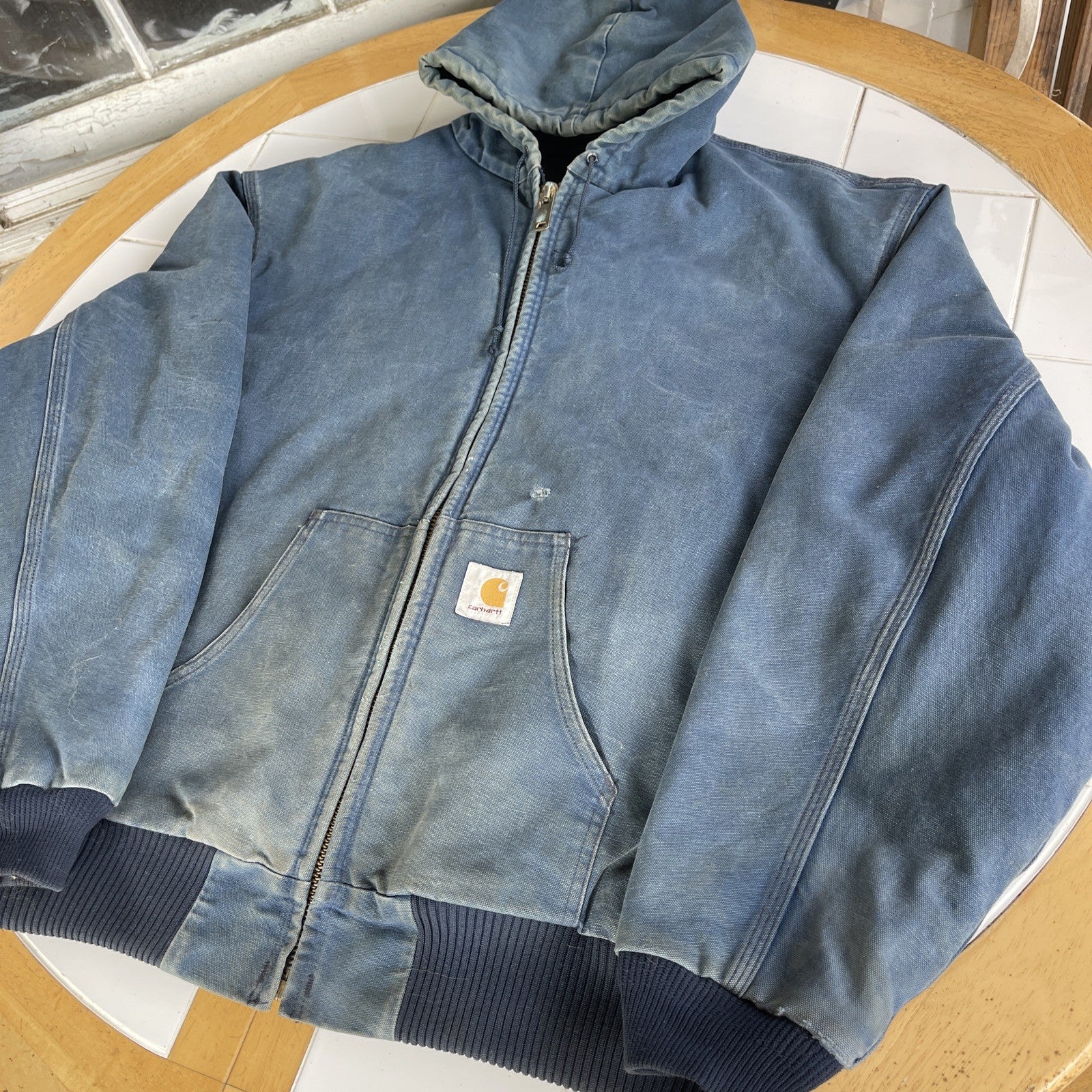 Vintage Carhartt Hooded Jacket – Men’s XL Blue Quilted Lined Canvas, USA Made, Distressed