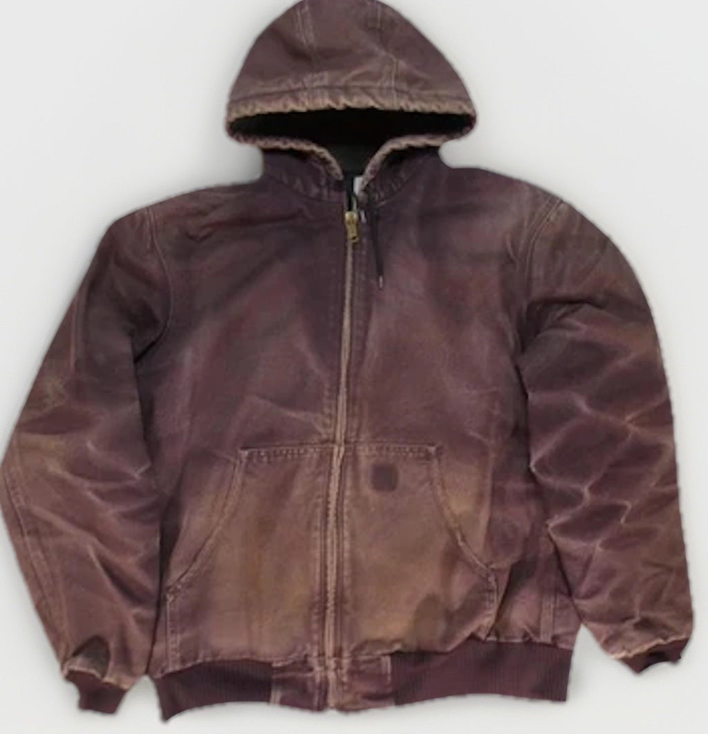 Carhartt J130 DWN Hooded Jacket – Men’s Large Tall (LT) Deep Wine Duck Canvas Distressed