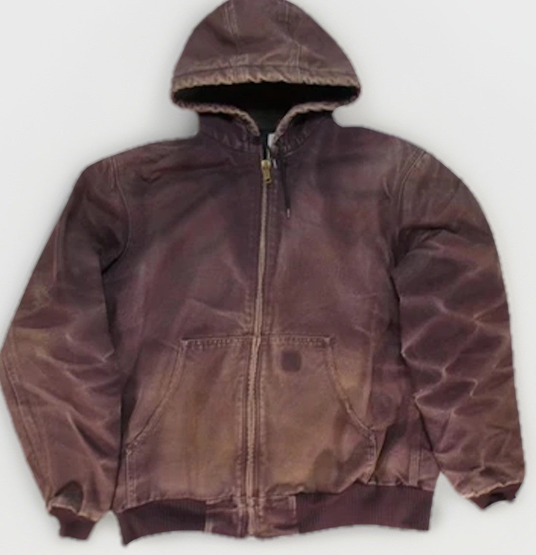 Carhartt J130 DWN Hooded Jacket – Men’s Large Tall (LT) Deep Wine Duck Canvas Distressed