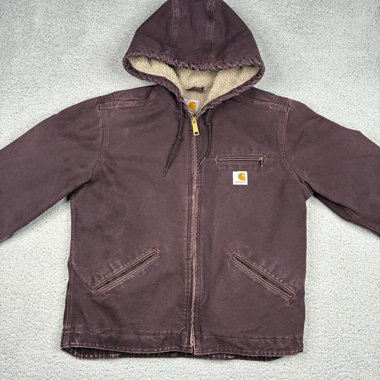 Vintage Carhartt WJ141 Women’s Sherpa Lined Duck Jacket – Burgundy Hooded – Size M