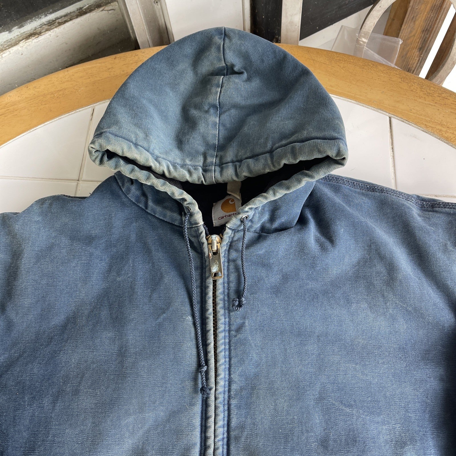 Vintage Carhartt Hooded Jacket – Men’s XL Blue Quilted Lined Canvas, USA Made, Distressed