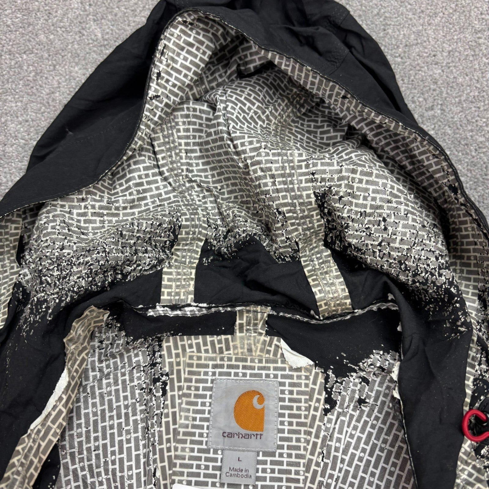 Carhartt Men’s Storm Defender Hooded Rain Jacket – Black | Lined Work Coat (Size L)