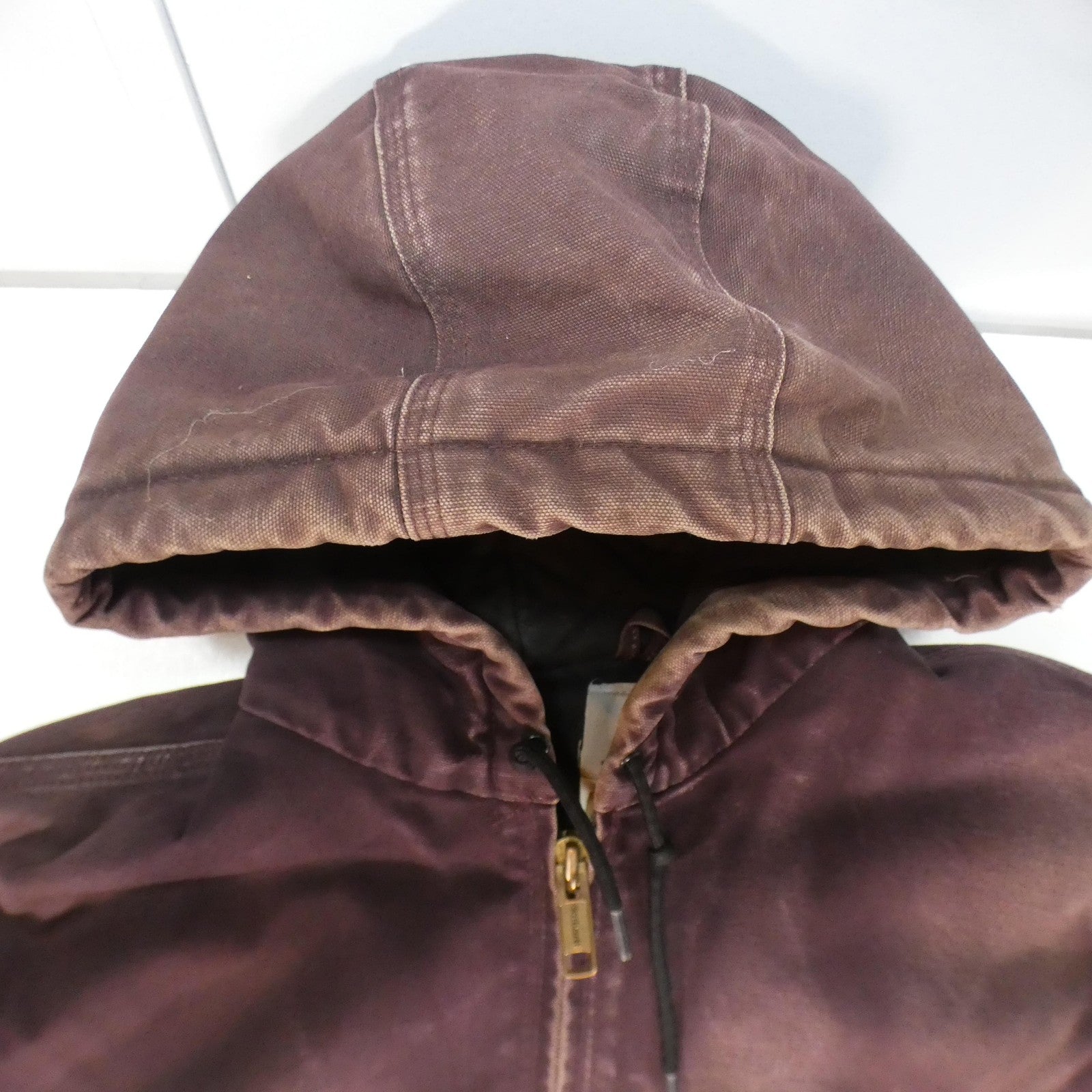 Carhartt J130 DWN Hooded Jacket – Men’s Large Tall (LT) Deep Wine Duck Canvas Distressed