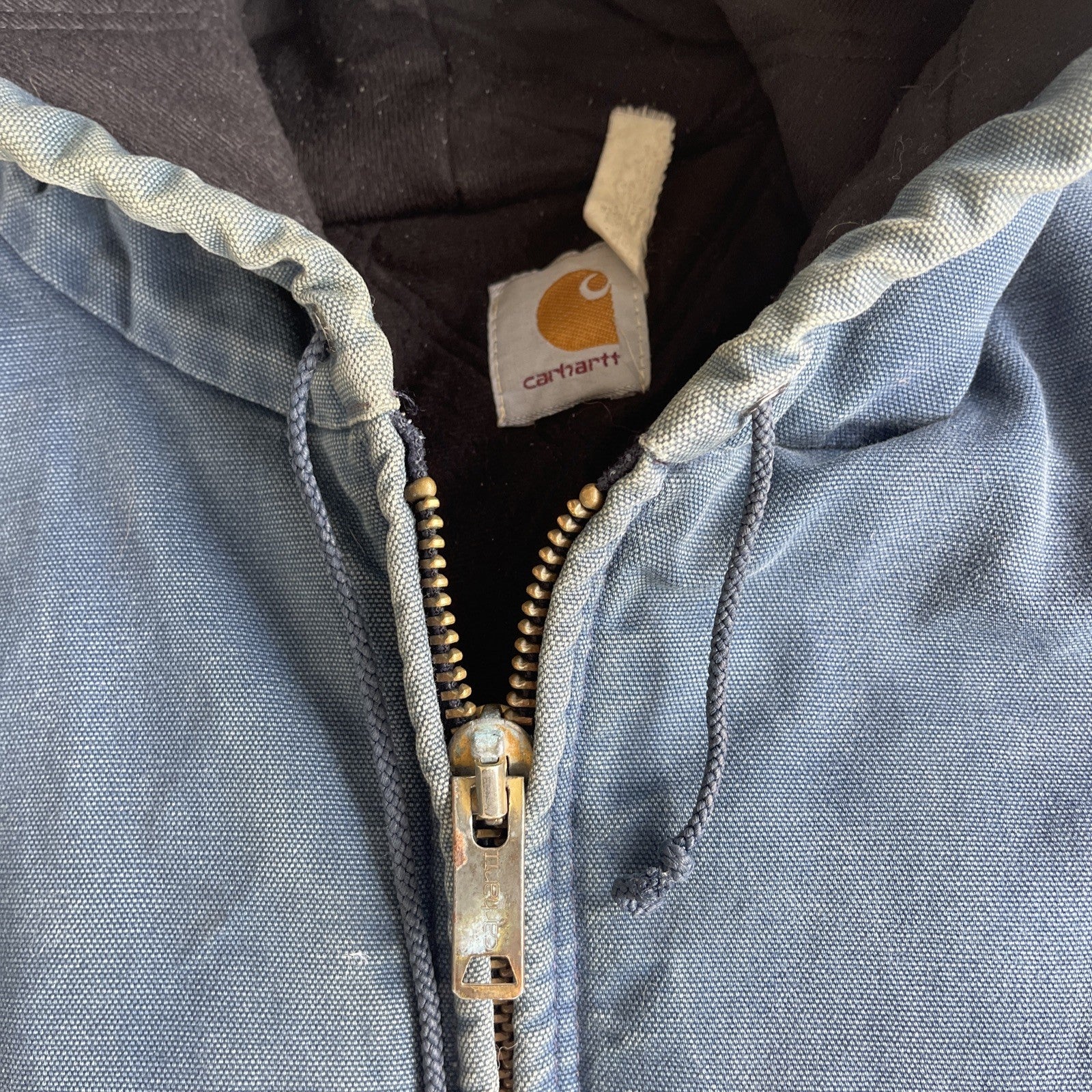 Vintage Carhartt Hooded Jacket – Men’s XL Blue Quilted Lined Canvas, USA Made, Distressed