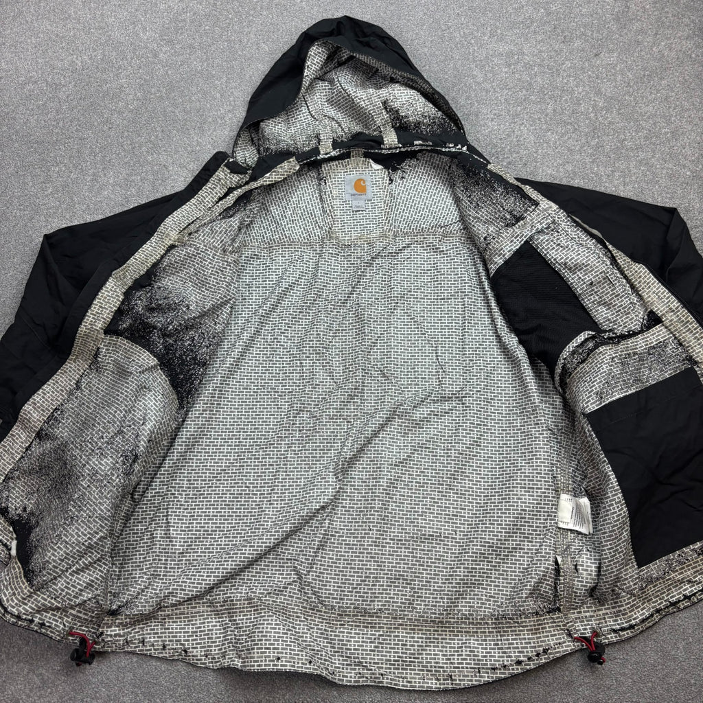 Carhartt Men’s Storm Defender Hooded Rain Jacket – Black | Lined Work Coat (Size L)