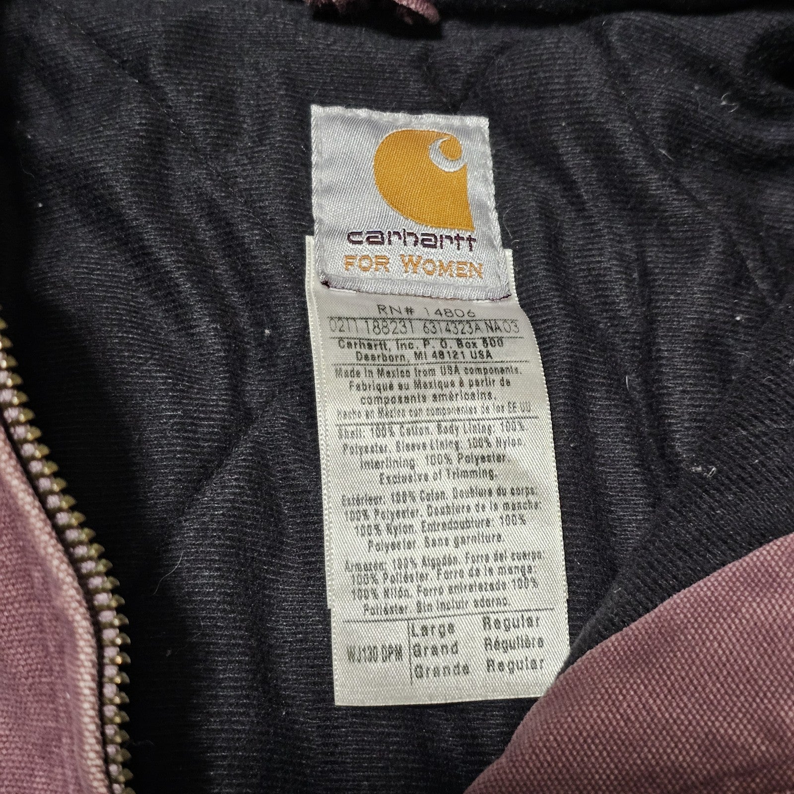 Vintage Carhartt WJ130 Women’s Hooded Jacket – Plum Purple (DPM) Quilt Lined – Size L