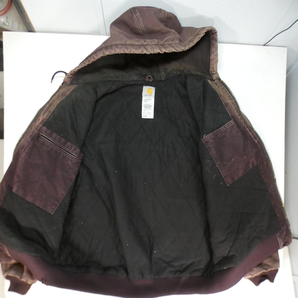 Carhartt J130 DWN Hooded Jacket – Men’s Large Tall (LT) Deep Wine Duck Canvas Distressed