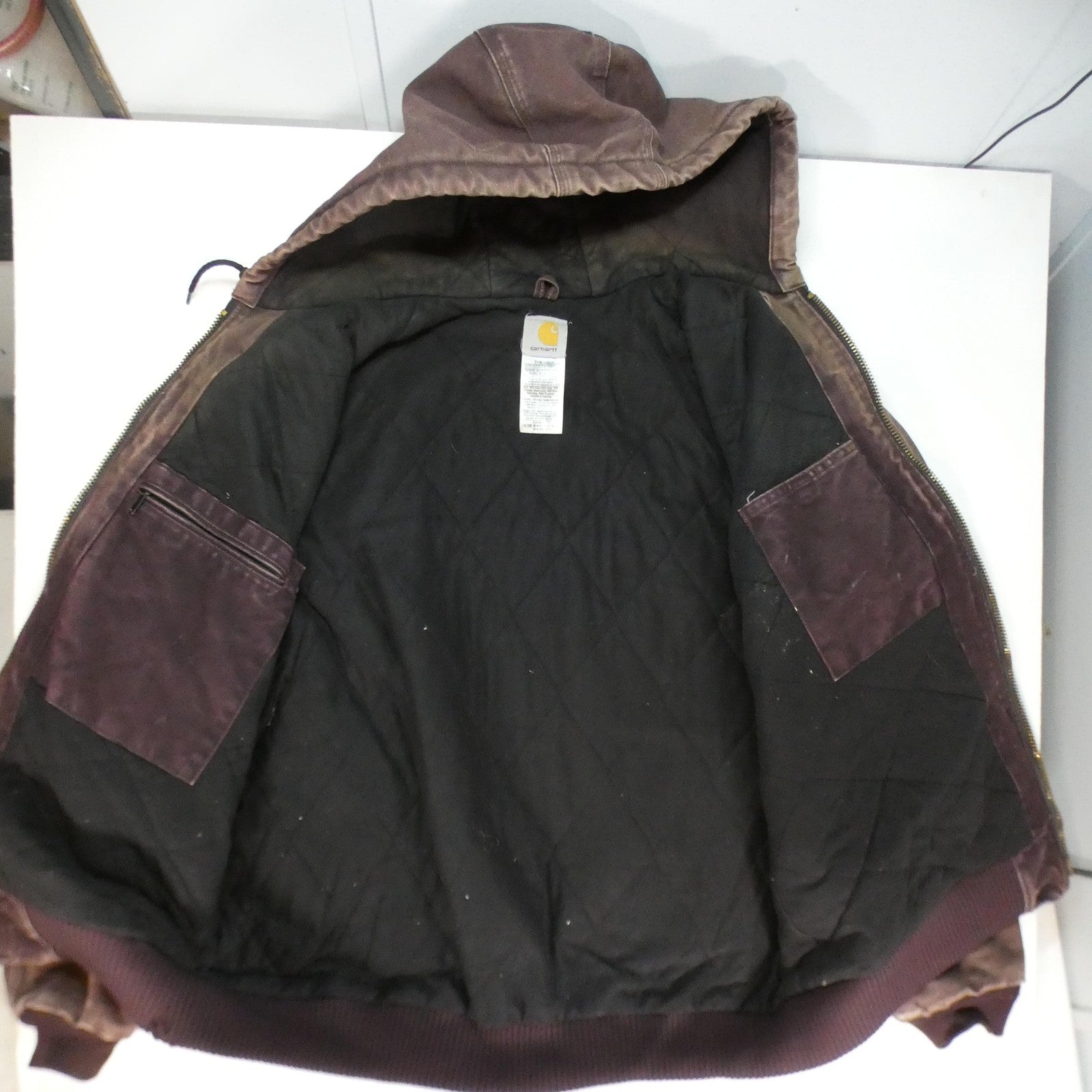 Carhartt J130 DWN Hooded Jacket – Men’s Large Tall (LT) Deep Wine Duck Canvas Distressed