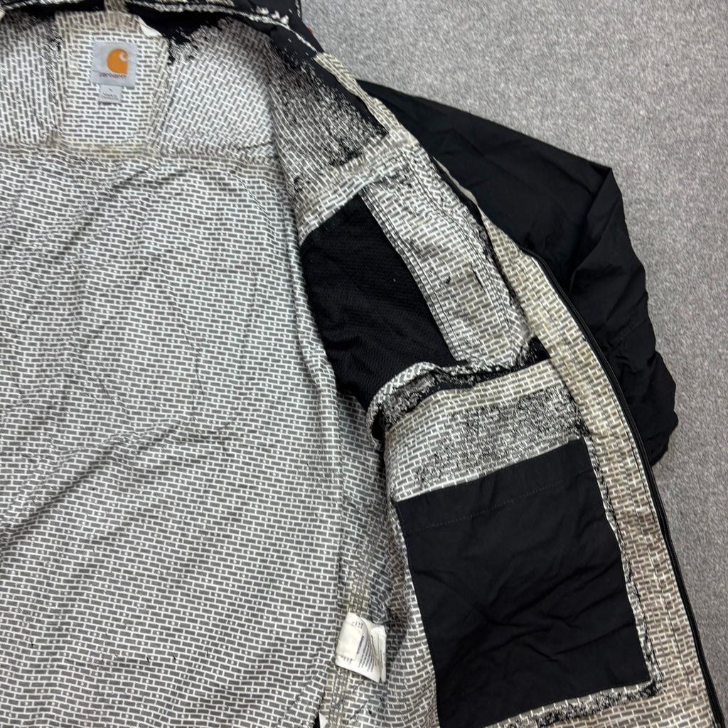 Carhartt Men’s Storm Defender Hooded Rain Jacket – Black | Lined Work Coat (Size L)