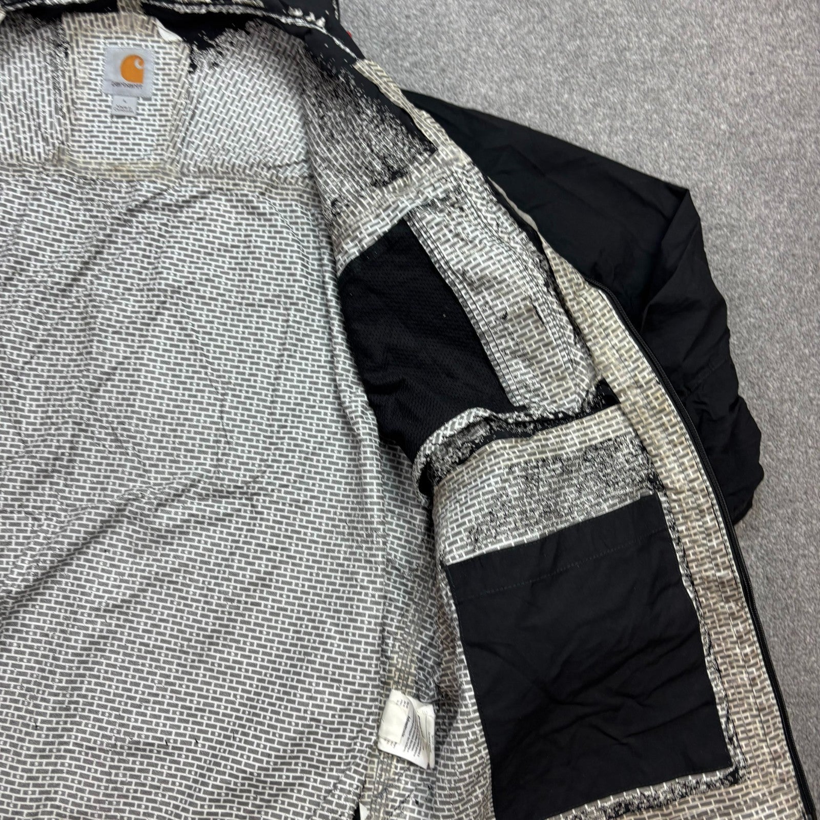 Carhartt Men’s Storm Defender Hooded Rain Jacket – Black | Lined Work Coat (Size L)